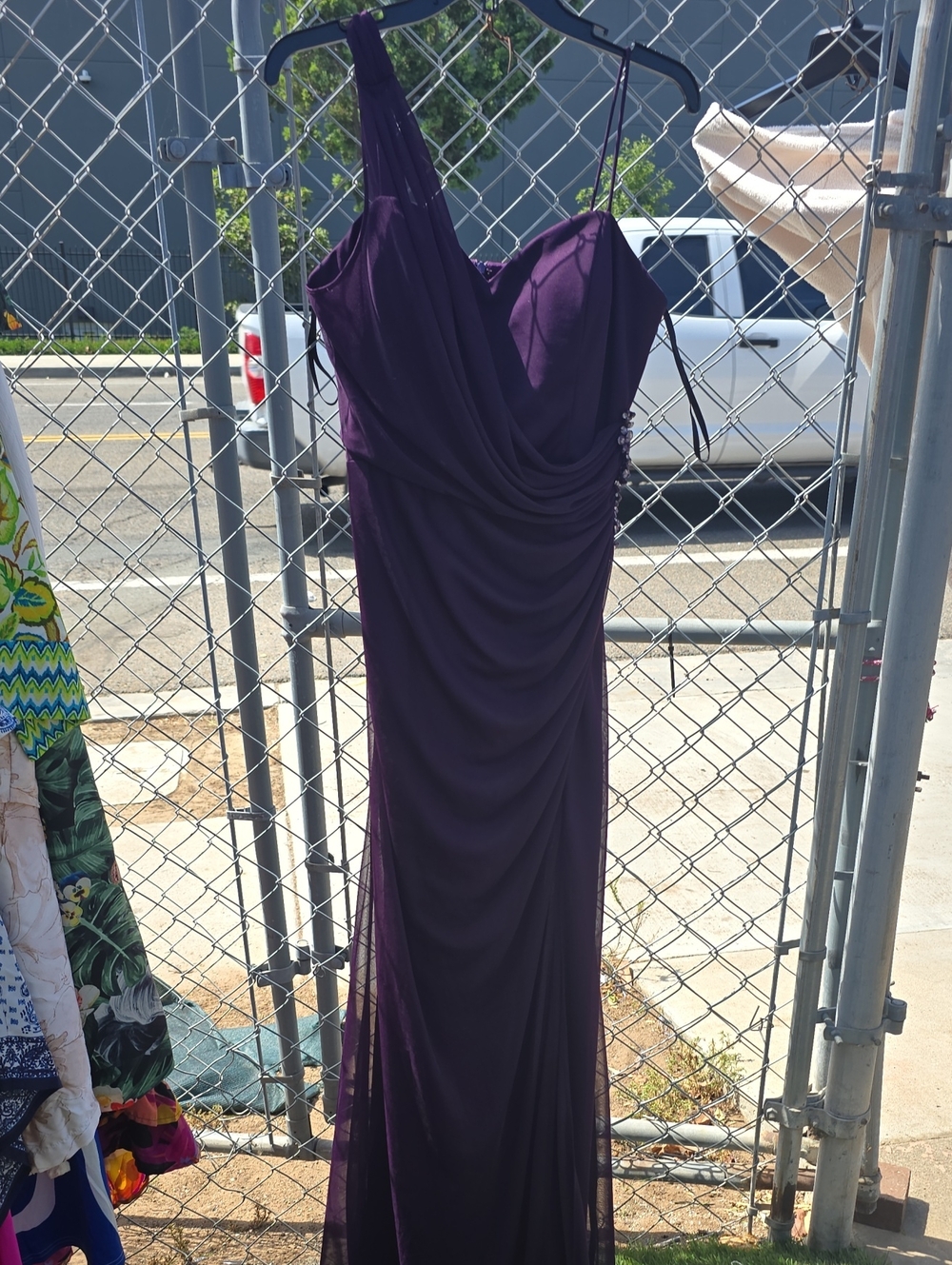 Xscape One-Shoulder Draped Evening Dress in Plum